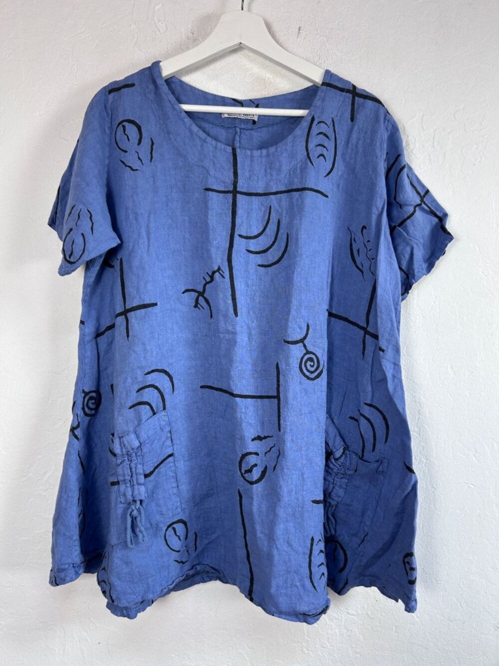 T by Transparente Blue Linen Abstract Print Short Sleeve Tunic Top Size 1 Artsy